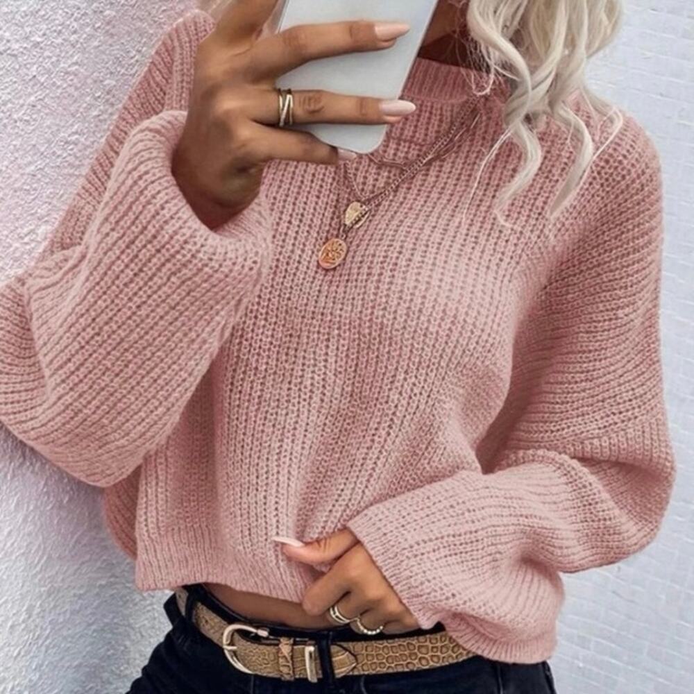 SHEIN Pink Chunky Knit Cropped Sweater Balloon Sleeve Women’s Small